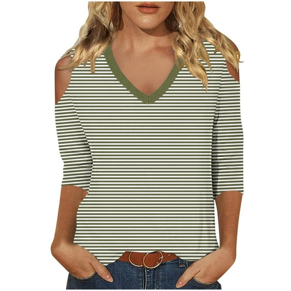 GigrtiJin Women's off Shoulder Tops 3/4 Sleeve Striped V Neck Pullover Blouses Fashion Casual Going out Shirts