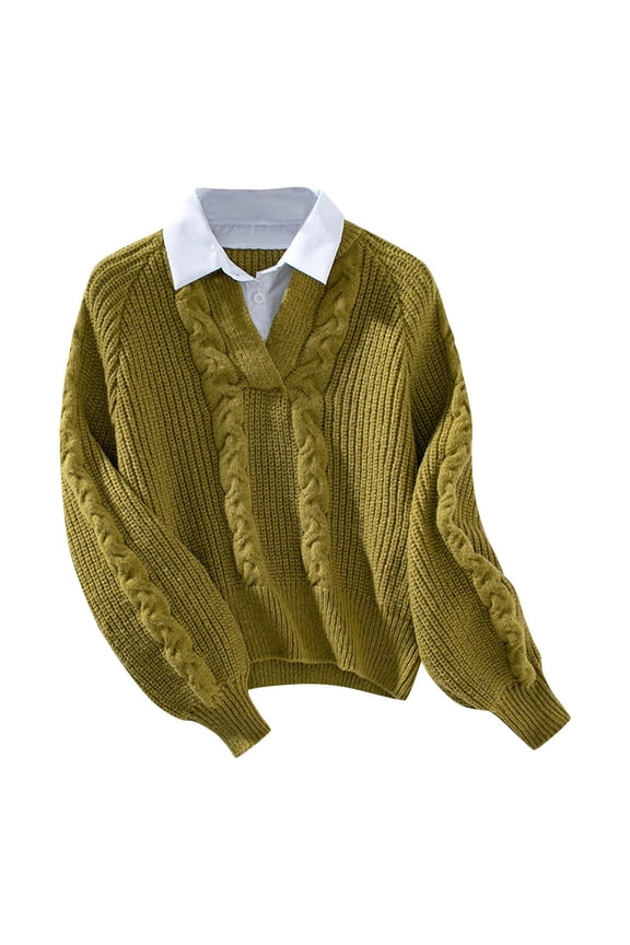 Women's Fall Casual Patchwork Sweaters Long Sleeves Lapel V Neck Fashion Loose Comfy Sweaters Tops