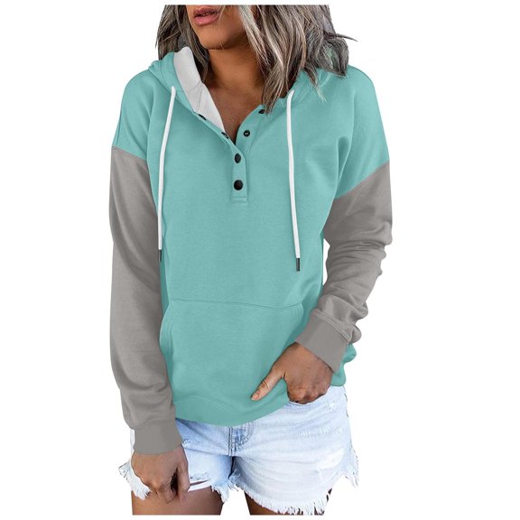 GigrtiJin Women's Hoodies Casual Long Sleeve Colorblock Sweatshirt Button down Drawstring Pullover Top with Pocket