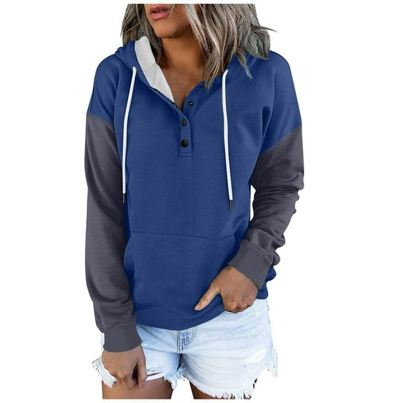 GigrtiJin Women's Hoodies Casual Long Sleeve Colorblock Sweatshirt Button down Drawstring Pullover Top with Pocket