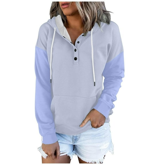 GigrtiJin Women's Hoodies Casual Long Sleeve Colorblock Sweatshirt Button down Drawstring Pullover Top with Pocket