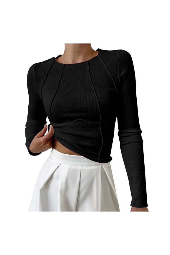 Women's Spring Long Sleeve Ribbed Knit Crop Tops Casual Crew Neck Slim Exposed Seams Basic Tee Shirts