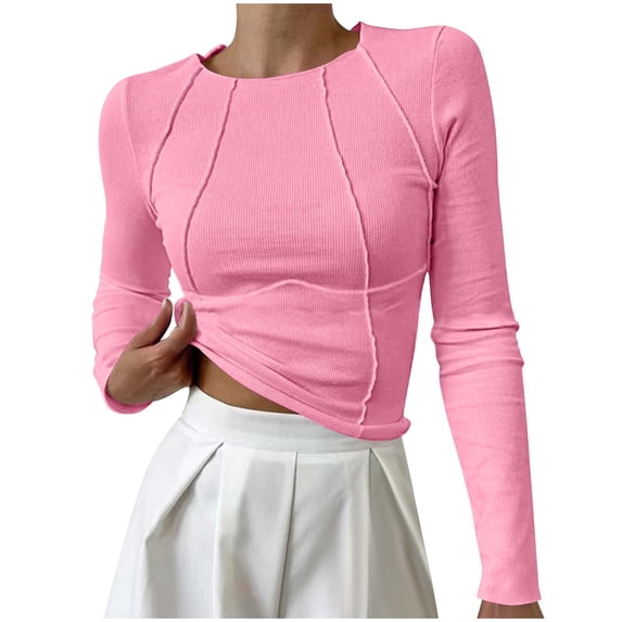 GigrtiJin Women's Spring Long Sleeve Ribbed Knit Crop Tops Casual Crew Neck Slim Exposed Seams Basic Tee Shirts