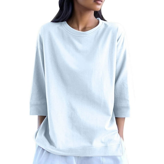 GigrtiJin Women's Summer Shirt Solid Color Loose Three-Quarter Sleeve Blouse Comfy Round Neck Casual Top