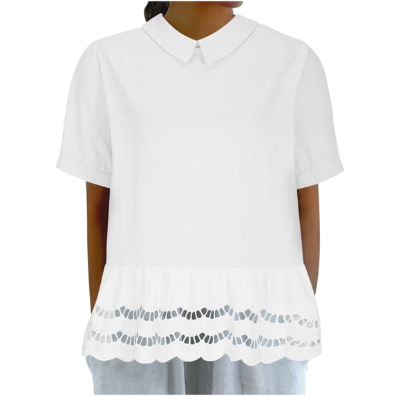 GigrtiJin Women's Summer Tops Short Sleeve Solid Color Lace Blouse Casual Ruffle Hem Eyelet Loose Shirts