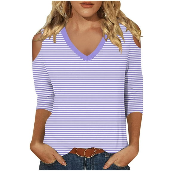 GigrtiJin Women's off Shoulder Tops 3/4 Sleeve Striped V Neck Pullover Blouses Fashion Casual Going out Shirts