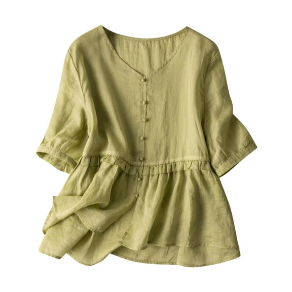 GigrtiJin Women's 3/4 Sleeve Tops Cotton Linen Blouses Dressy Casual V Neck Shirts Summer Fashion Loose Cute T Shirt