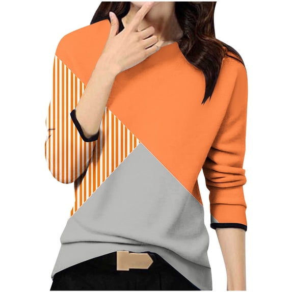 GigrtiJin Women's Basic Colorblock Tops Round Neck Long Sleeves Casual Loose Blouse Comfy Pullover Fall Shirts