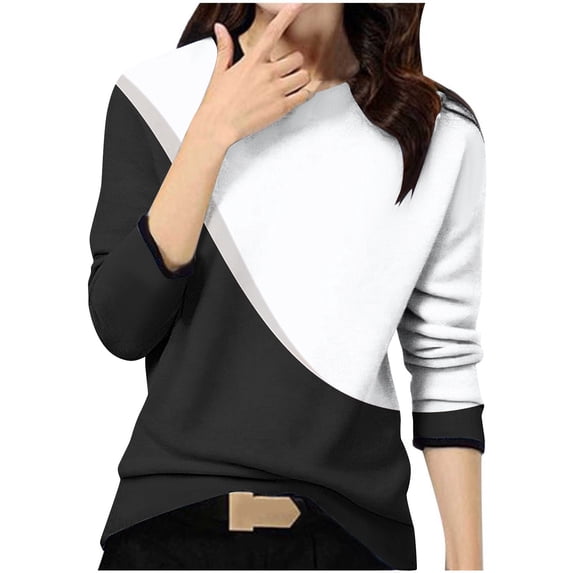 GigrtiJin Women's Basic Colorblock Tops Round Neck Long Sleeves Casual Loose Blouse Comfy Pullover Fall Shirts