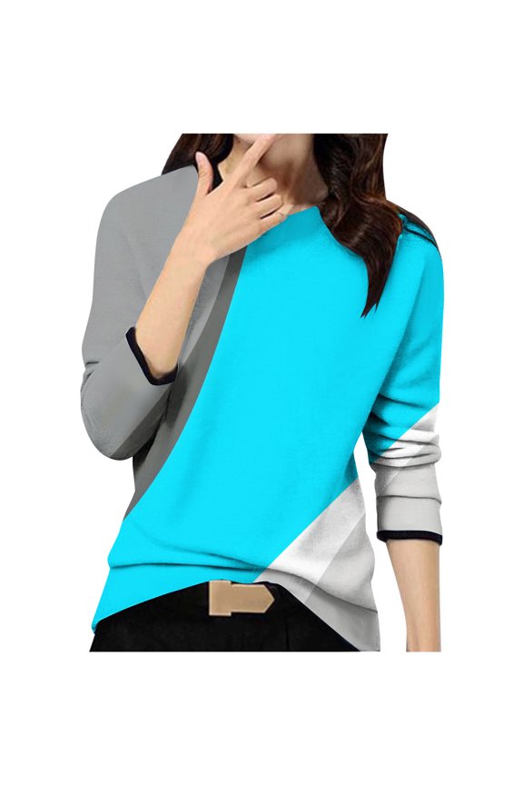 Women's Basic Colorblock Tops Round Neck Long Sleeves Casual Loose Blouse Comfy Pullover Fall Shirts