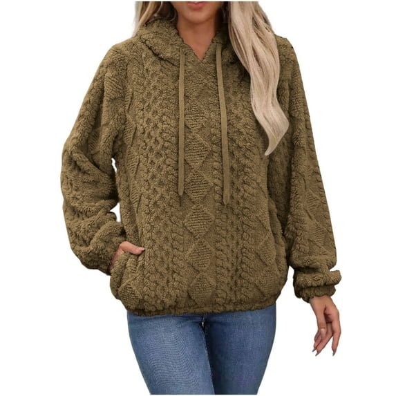 GigrtiJin Women's Basic Fleece Thermal Hoodies Solid Color Hooded Drawstring Cable Knitted Long Sleeve Winter Sweatshirt