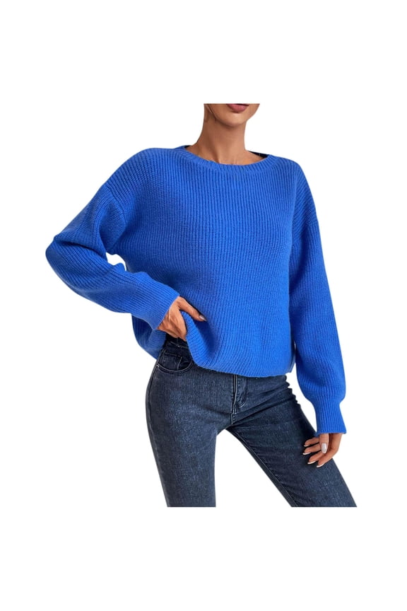 Women's Basic Pullover Sweater Solid Color Ribbed Knitted Round Neck Long Sleeve Tops Casual Versatile Blouse