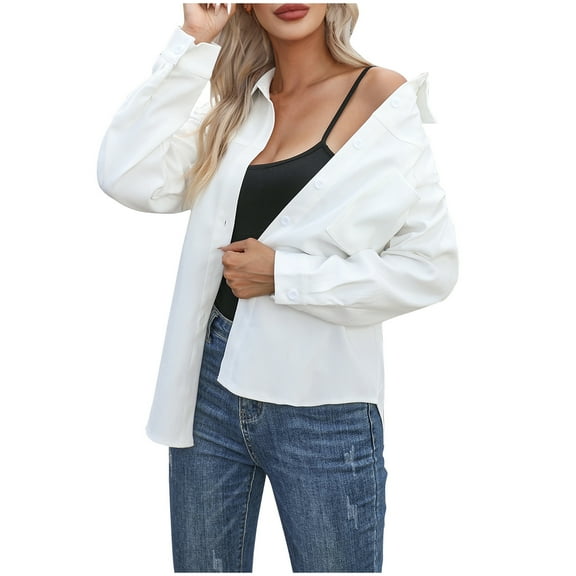 GigrtiJin Women's Button down Shirt Casual Long Sleeves Solid Color Shirts Fashion Loose Work Tops with Pocket