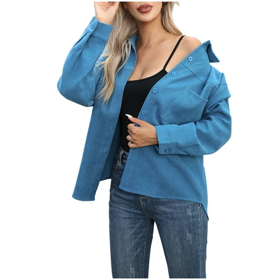 GigrtiJin Women's Button down Shirt Casual Long Sleeves Solid Color Shirts Fashion Loose Work Tops with Pocket