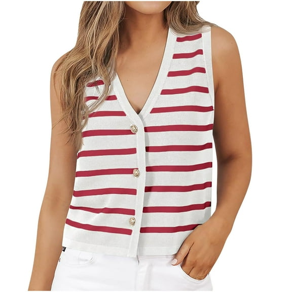GigrtiJin Women's Button up Cardigan Sweater Vest Sleeveless V-Neck Striped Trendy Casual Comfy Sweater Jacket