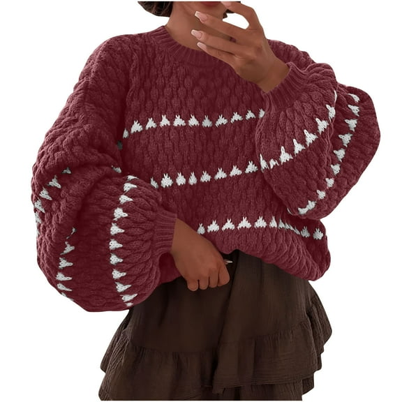 GigrtiJin Women's Cable Knitted Sweater Striped Crew Neck Long Sleeve Loose Tops Thermal Comfortable Blouse