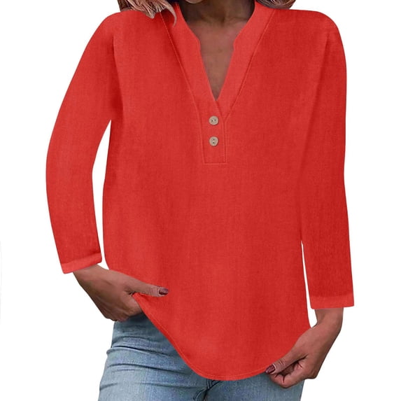 GigrtiJin Women's Casual Blouse V-Neck Long Sleeve Button Loose T-Shirt Fashion Solid Color Basic Pullover Tops