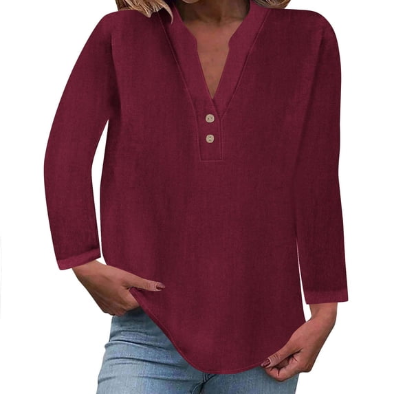 GigrtiJin Women's Casual Blouse V-Neck Long Sleeve Button Loose T-Shirt Fashion Solid Color Basic Pullover Tops