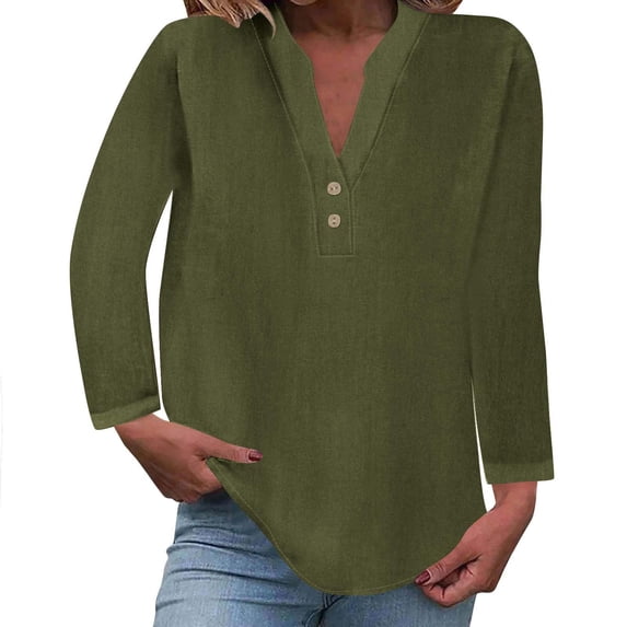 GigrtiJin Women's Casual Blouse V-Neck Long Sleeve Button Loose T-Shirt Fashion Solid Color Basic Pullover Tops