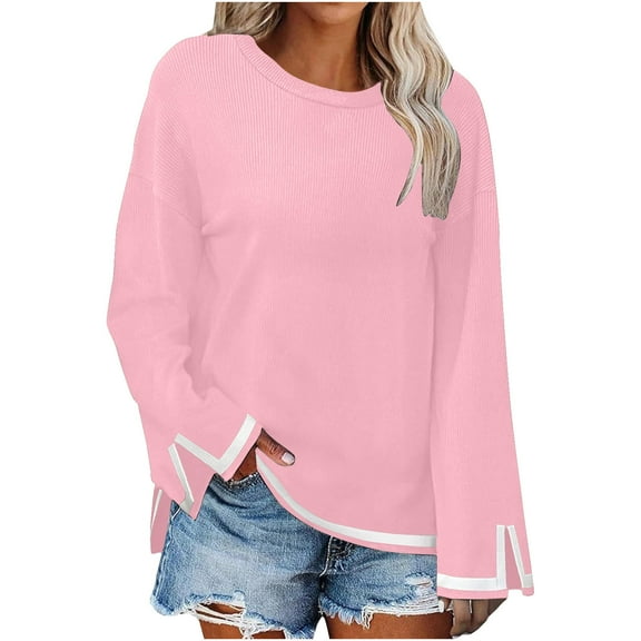 GigrtiJin Women's Casual Color Matching Tops Round Neck Long Sleeved Shirts Fashion Loose Pullover Blouses