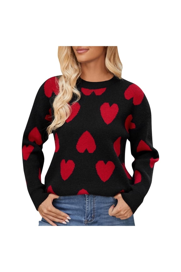 Women's Casual Heart Printed Sweaters Crewneck Long Sleeve Pullover Tops Loose Lightweight Knitted Blouses