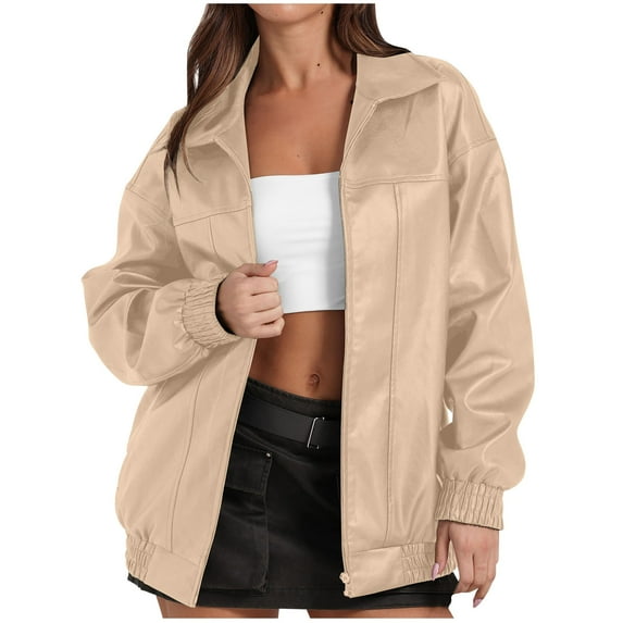 GigrtiJin Women's Casual Leather Jacket Solid Color Full Zipper Long Sleeve Outwear Trendy Workout Outcoat