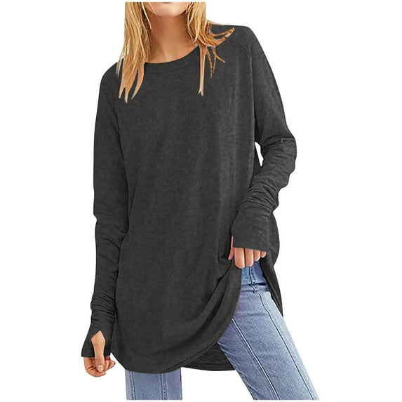 GigrtiJin Women's Casual Oversized Shirts Fall Round Neck Solid Color Blouses Long Sleeves Loose Comfy Basic Tops