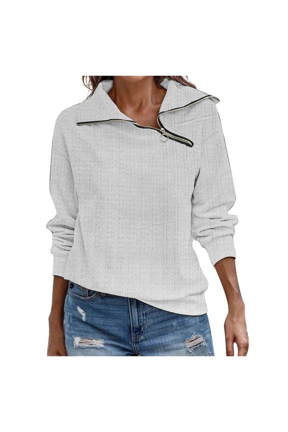 Women's Casual Quarter Zip Sweatshirt Long Sleeve Quilted Turtleneck Pullover Loose Solid Lapel Shirt Top