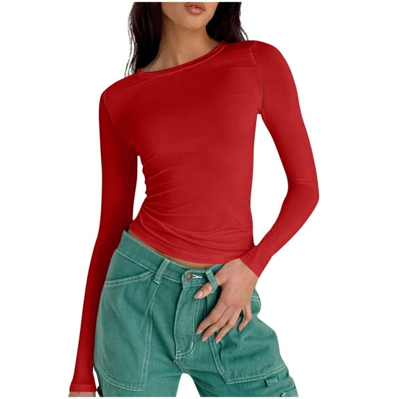 GigrtiJin Women's Casual Round Neck Tops Long Sleeves Solid Color Slim Shirts Fall Fashion Pullover Crop Tops