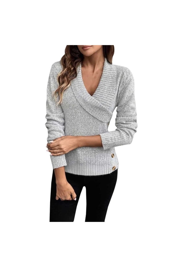 Women's Casual Sweater Solid Color Cross Twist V Neck Long Sleeve Button Blouse Vintage Comfy Tunic Top