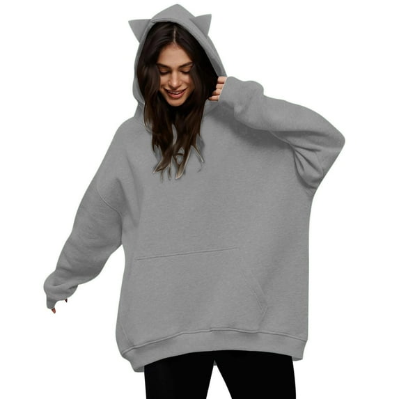 GigrtiJin Women's Cat Ear Pullover Hoodies Oversized Fleece Hooded Sweatshirts Solid Color Pullover Top with Pockets