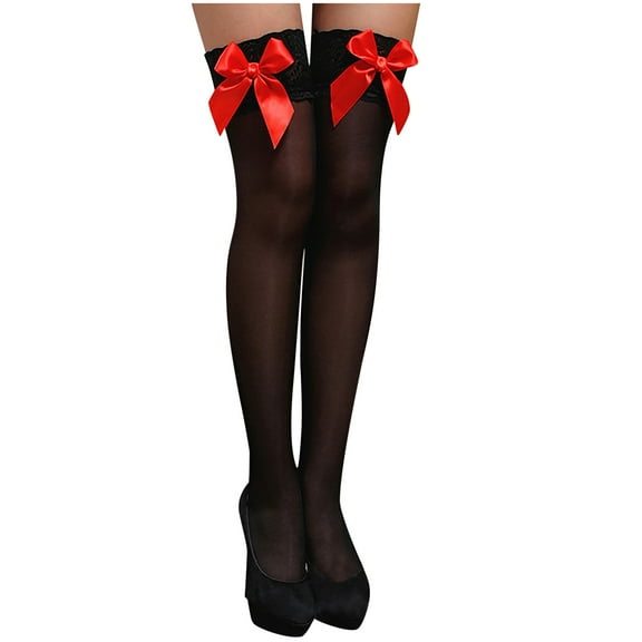GigrtiJin Women's Christmas Long Tube Socks Solid Color Bow Tie Lace Trim Thigh High Stockings