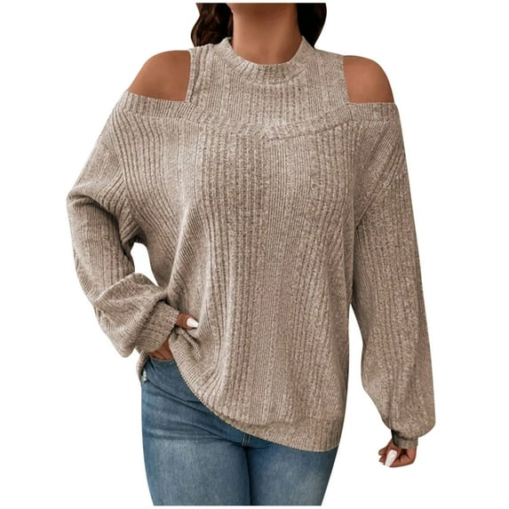 GigrtiJin Women's Cold Shoulder Sweatshirt Ribbed Knit Long Sleeve Crewneck Pullover Tops Fall Fashion Casual Blouse