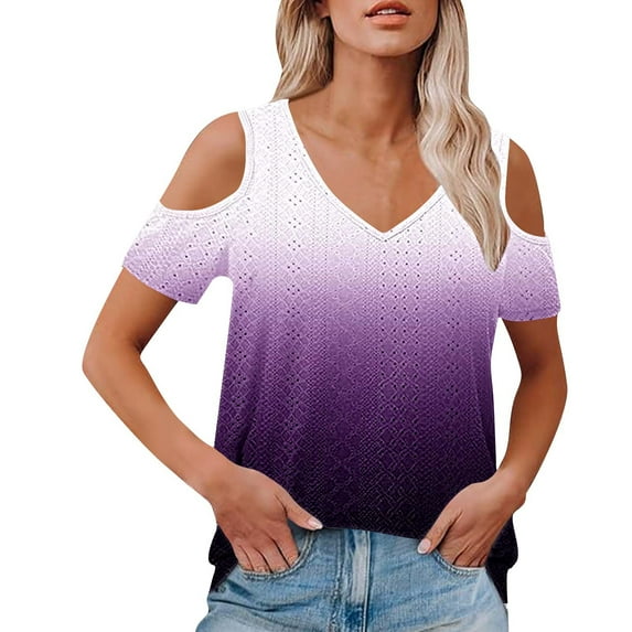 GigrtiJin Women's Cold Shoulder Tops Short Sleeve V Neck Gradient Color Openwork Knit Blouse Trendy Loose Shirt