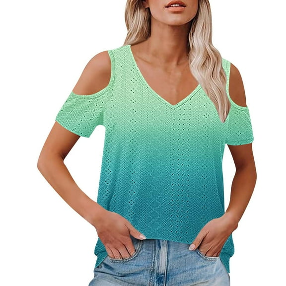 GigrtiJin Women's Cold Shoulder Tops Short Sleeve V Neck Gradient Color Openwork Knit Blouse Trendy Loose Shirt
