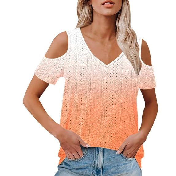 GigrtiJin Women's Cold Shoulder Tops Short Sleeve V Neck Gradient Color Openwork Knit Blouse Trendy Loose Shirt