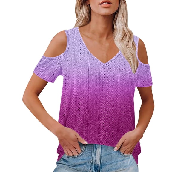 GigrtiJin Women's Cold Shoulder Tops Short Sleeve V Neck Gradient Color Openwork Knit Blouse Trendy Loose Shirt