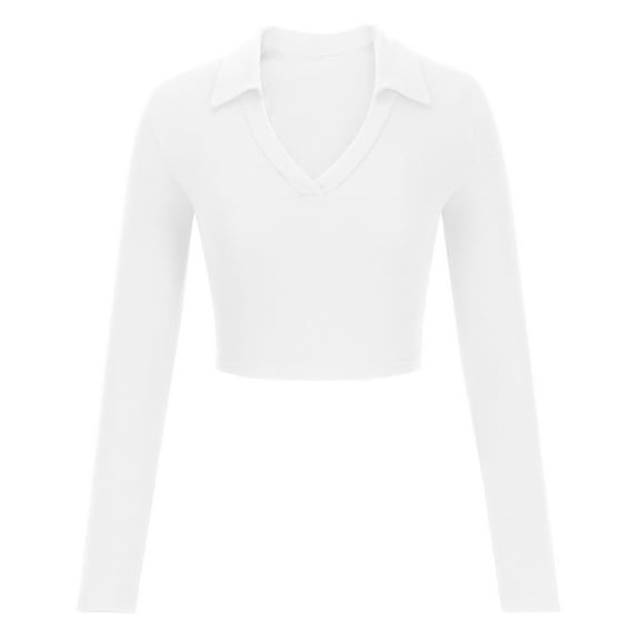 GigrtiJin Women's Collar V Neck Long Sleeve Shirt Solid Color Slim Cotton Comfy Crop Tops Casual Fashion Basic Blouse