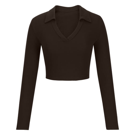 GigrtiJin Women's Collar V Neck Long Sleeve Shirt Solid Color Slim Cotton Comfy Crop Tops Casual Fashion Basic Blouse