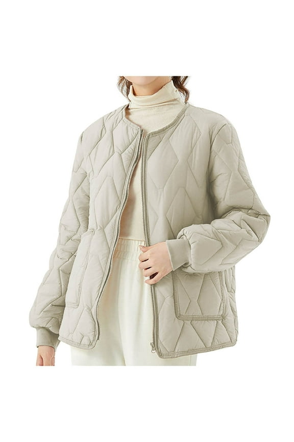Women's Collarless Lightweight Padded Jackets Plus Size Long Sleeves Zip up Warm Solid Color Coat with Pockets
