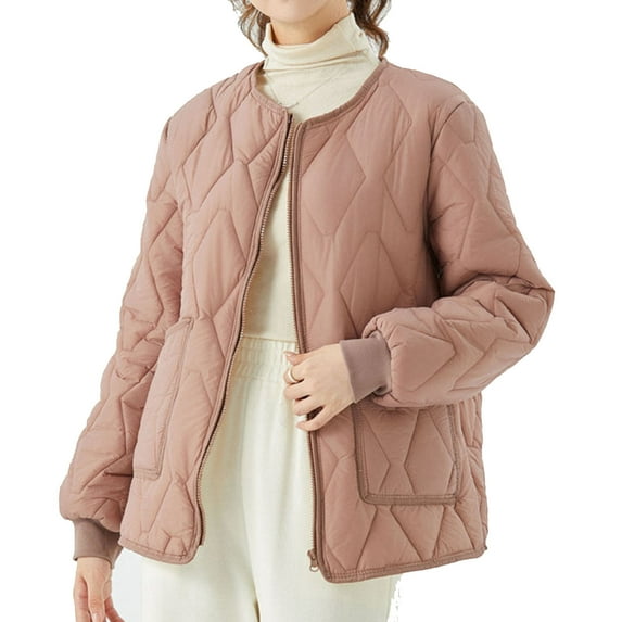 GigrtiJin Women's Collarless Lightweight Padded Jackets Plus Size Long Sleeves Zip up Warm Solid Color Coat with Pockets