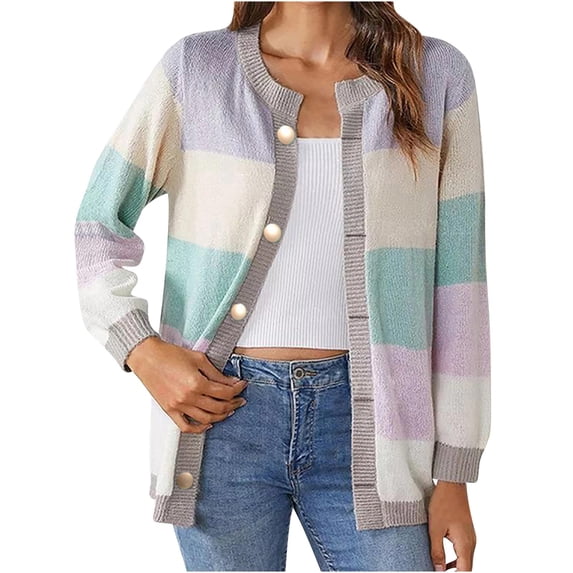 GigrtiJin Women's Color Block Cardigan Sweaters Long Sleeve Knitted Button down Tops Outwear Loose Cozy Blouses