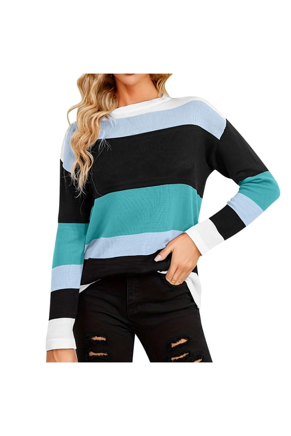 Women's Color Block Knitted Tops Round-Neck Long Sleeves Sweater Tops Casual Loose Pullover Blouses