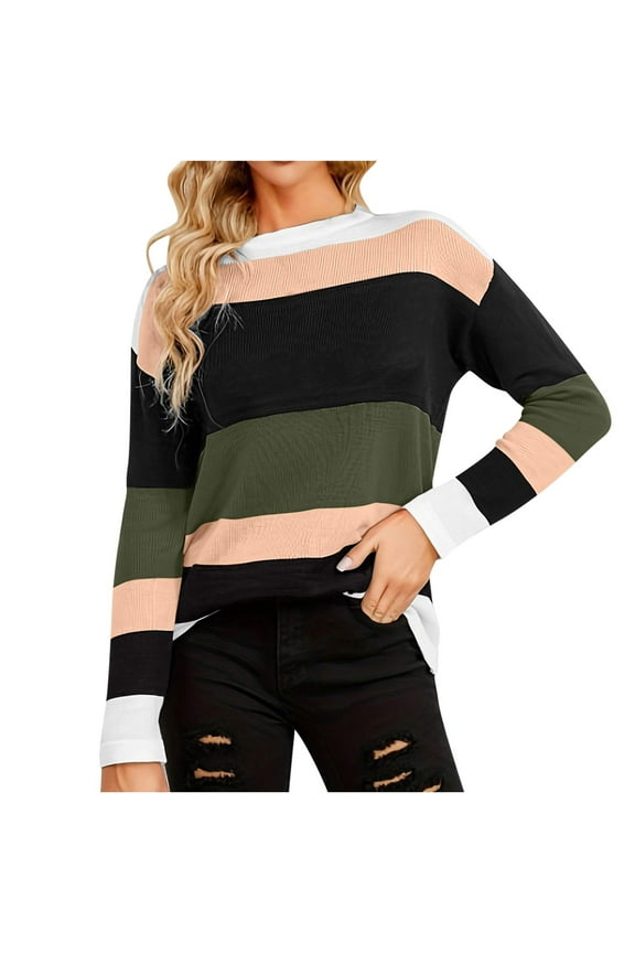 Women's Color Block Knitted Tops Round-Neck Long Sleeves Sweater Tops Casual Loose Pullover Blouses