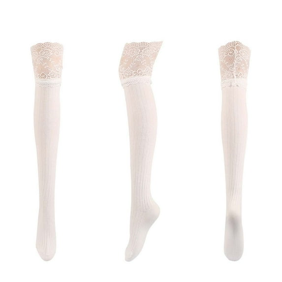 GigrtiJin Women's Cotton Lace Stockings Solid Color Floral Embroidery Ribbed Thigh High Socks