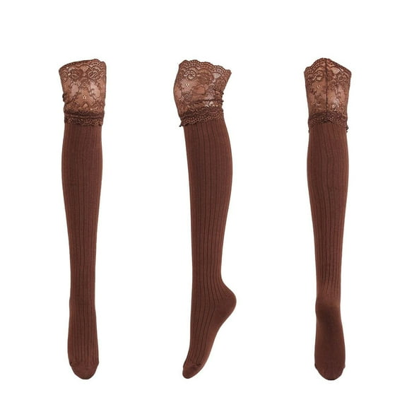 GigrtiJin Women's Cotton Lace Stockings Solid Color Floral Embroidery Ribbed Thigh High Socks