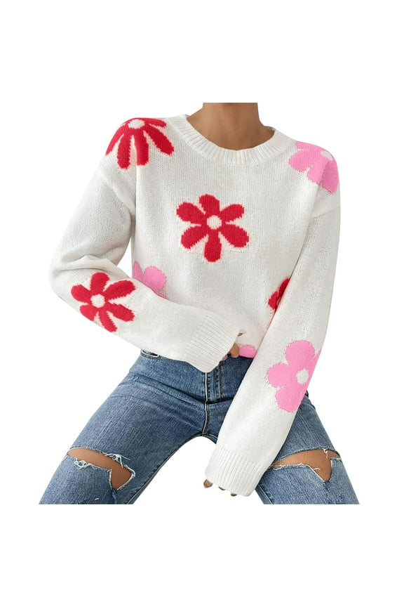 Women's Cute Flower Sweaters Fall Casual Lightweight Ribbed Knit Crewneck Long Sleeve Pullover Sweater Top
