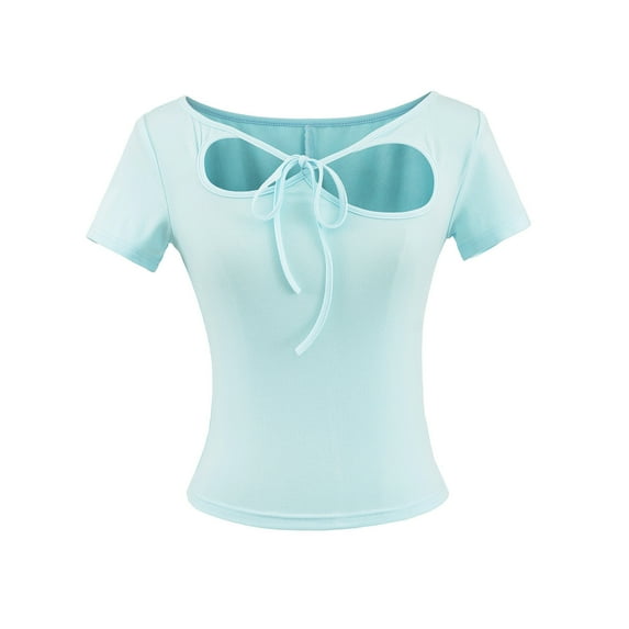 GigrtiJin Women's Cute Tops Hollow Out Crew Neck Short Sleeve Tie-Front Solid Color Slim Blouse