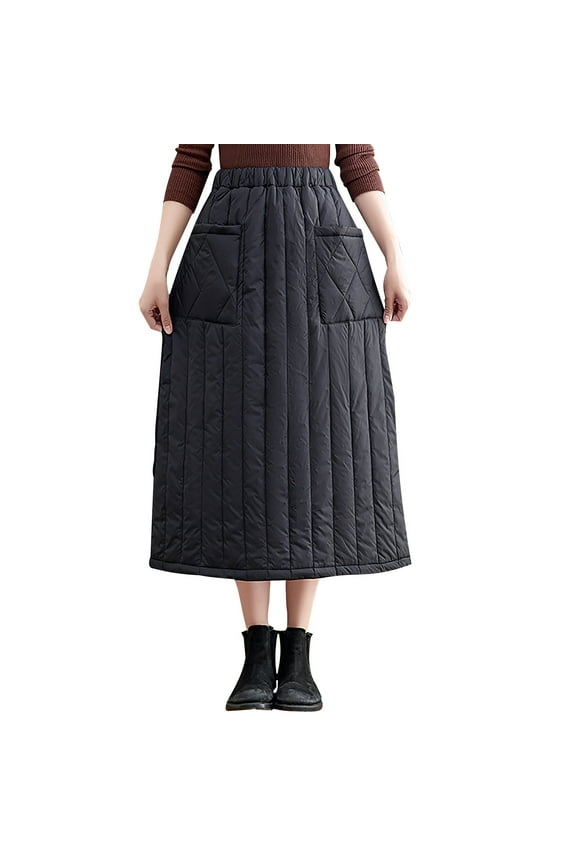 Women's Elastic Waist down Skirt Winter Padded A-Line Quilted Skirt Insulated Long Puffer Skirt with Pocket