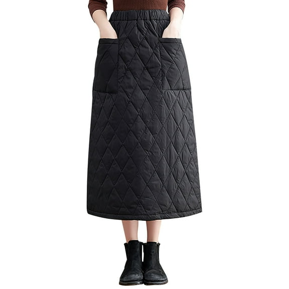 GigrtiJin Women's Elastic Waist down Skirt Winter Padded A-Line Quilted Skirt Insulated Long Puffer Skirt with Pocket